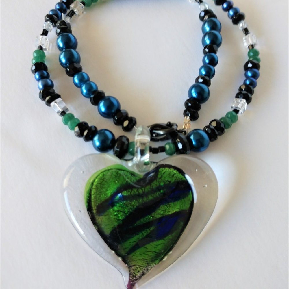 Beaded Heart Necklace with Green Blue Black Beads Handmade Valentines NWT